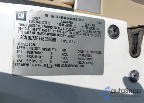 2007 Chevrolet Equinox Lt from USA, damaged, VIN 2CNDL73F776058055